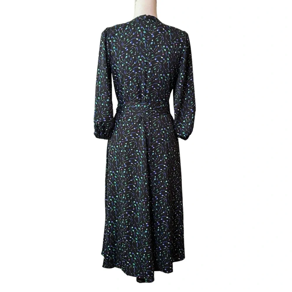 DKNY Belted Long Sleeve crepe de chine midi dress SZ 4 Black Multicolor Print - Picture 6 of 9